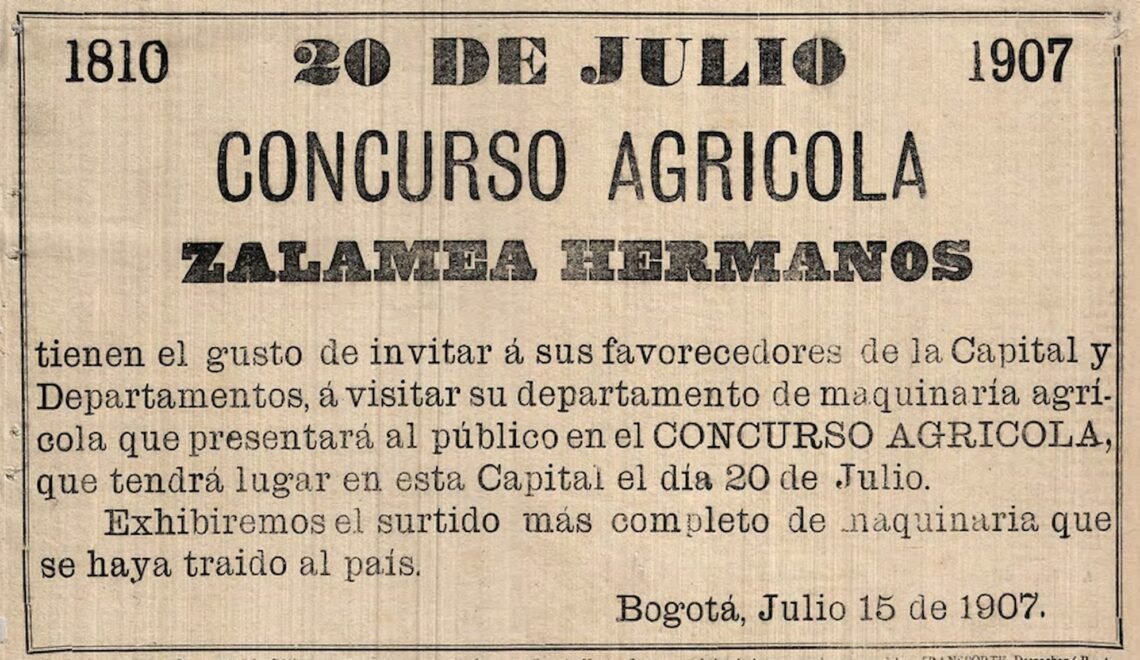 Aviso de Zalamea Hermanos promocionando su maquinaria agrícola, para la exposición del 20 de julio de 1907