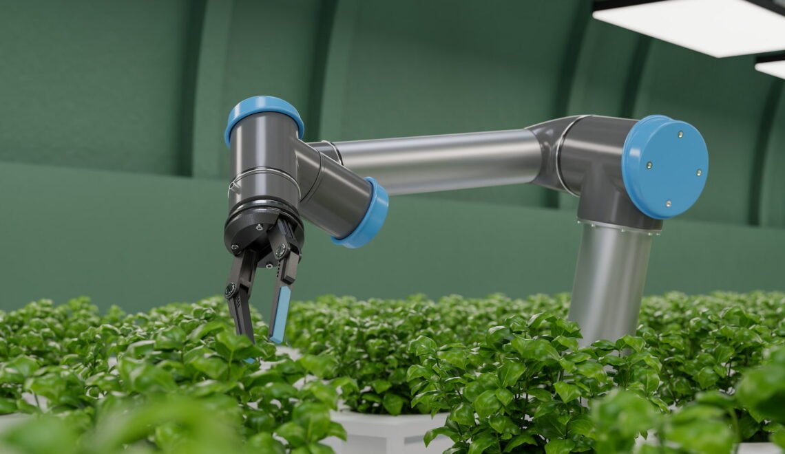 Automatización en cultivos, brazo robótico manipulando plantas en un invernadero.