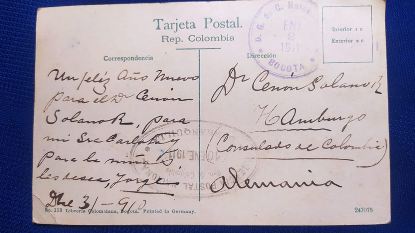 Fotografía postal iluminada dirigida al Dr. Zenón Solano (Cónsul de Colombia en Alemania) con fecha del 31 de diciembre de 1910. Colección Familiar Gonzalo Ruíz