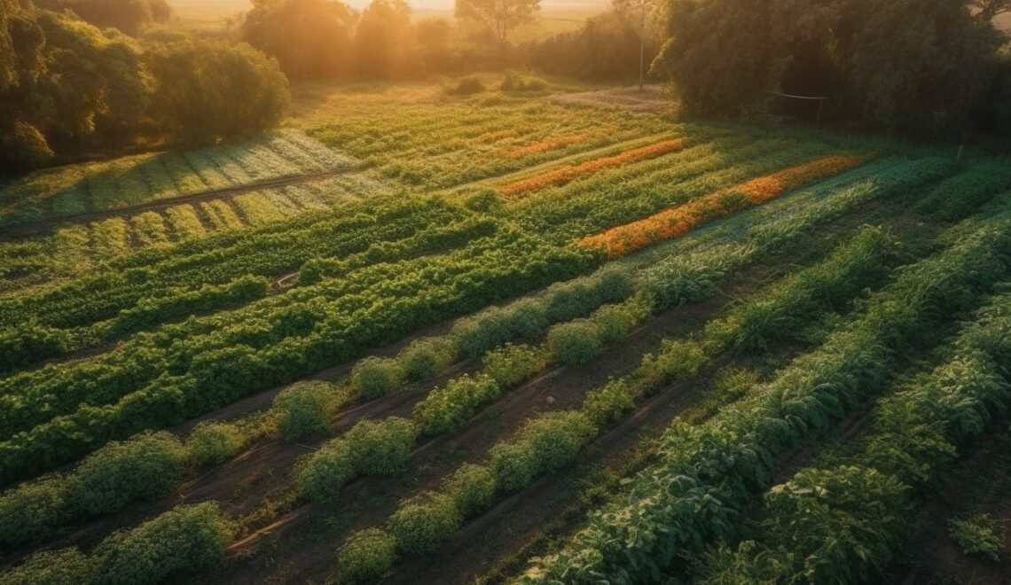 Campo agrícola con cultivos de diversas especies en pro de la agricultura regenerativa.