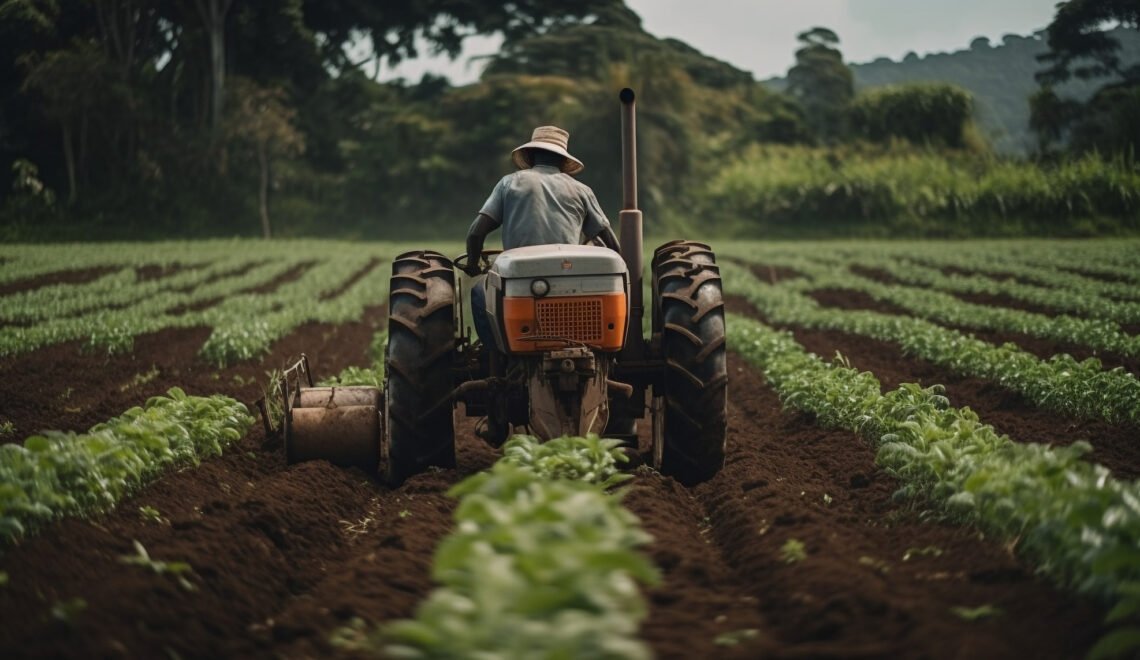Campo cultivado con una persona manejando un tractor y arando tierra.